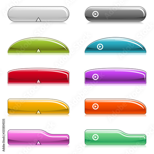 Vector set of shiny website buttons in different shapes with round edges and different colors: white, black, green, blue, red, purple, yellow, orange, pink, teal. Easily editable and isolated on white
