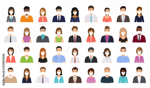 Avatar people in medical masks. Business person icon. Vector. Set office men, women. Faces corporate characters in flat design. Cartoon illustration. Team male, female workers isolated.