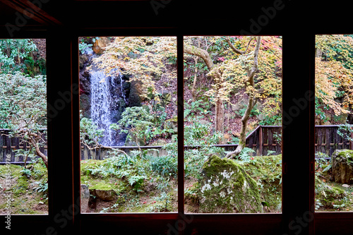 View of Japanese style garden through window