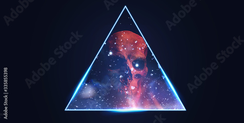 Fototapeta Naklejka Na Ścianę i Meble -  Abstract dark geometric background. Black minimalism. Blue neon triangle.  Scary grunge red skull wallpaper. Halloween background with free space for text. Design for t-shirt print.