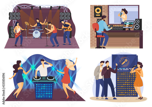 Music people cartoon characters, rock band concert, sound recording studio and karaoke party, vector illustration. Women dancing in night club, musicians playing on musical instruments, friends sing