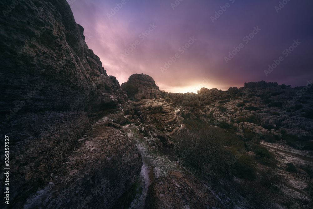Sunset over a light snow in Torcal De Antequera