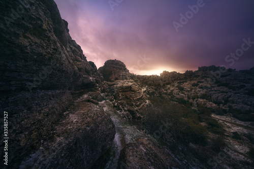 Sunset over a light snow in Torcal De Antequera