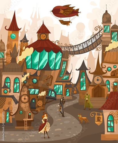 Steampunk technology city characters in fairytale town with old european architecture houses, fantasy castles history of Europe cartoon vector illustration. Old steampunk town and pedestrians on