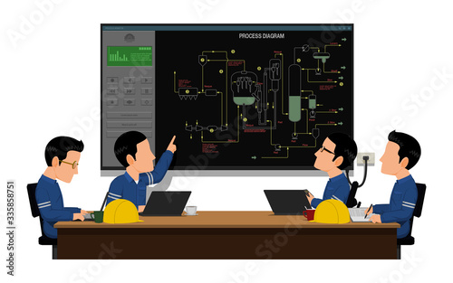 Four workers is meeting on white background