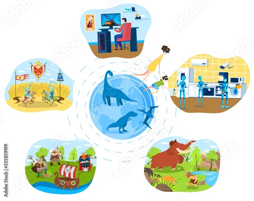 People cartoon characters explore world in virtual reality glasses, innovative technology vector illustration. Different scenes from past and future, vikings, medieval knights, cavemen and robots