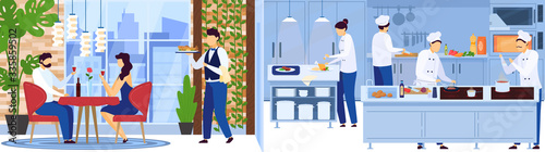 Restaurant chef team cooking in kitchen, waiter serves people on romantic date vector illustration. Man and woman couple celebrate anniversary in luxury restaurant. Professional cook cartoon character