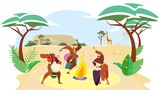 African people dance, man and woman cartoon characters performing traditional culture ritual, vector illustration. Aboriginal ethnic tribe dancing in Africa savanna, native folk ceremony drum bonfire