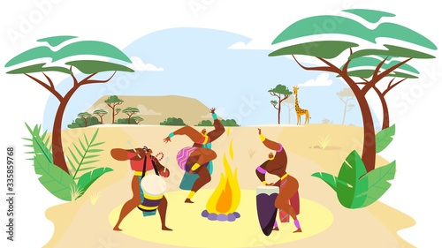 African people dance, man and woman cartoon characters performing traditional culture ritual, vector illustration. Aboriginal ethnic tribe dancing in Africa savanna, native folk ceremony drum bonfire