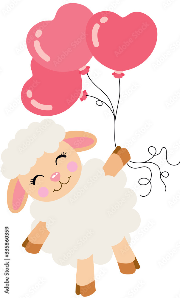 Cute lamb flying with heart balloons
