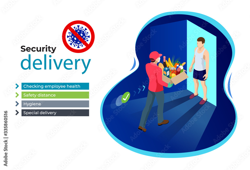 Fototapeta premium Isometric Delivery man or courier in a medical mask and gloves delivering food to customer at home. Online purchases during a quarantine. Contactless or to the door delivery.