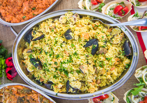 appetizers and snacks for your party or for your lunch:rice with fish, seafood.