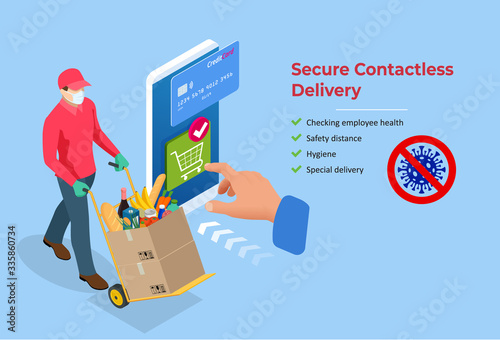 Isometric Delivery man or courier in a medical mask and gloves delivering food to customer at home. Online purchases during a quarantine. Contactless or to the door delivery.
