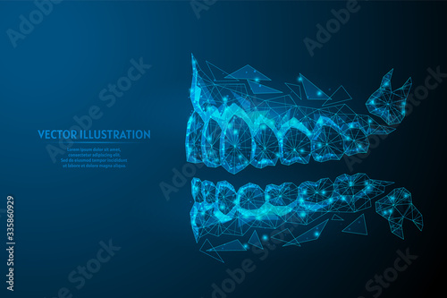 Healthy man jaw, mouth close-up view from the side. Correct bite, occlusion, molar. Concept of dentistry, orthodontics, dentist, wisdom tooth. 3d low poly wireframe vector illustration. photo