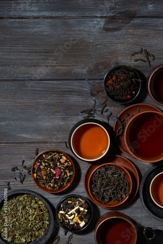 tea tasting different varieties, top view vertical