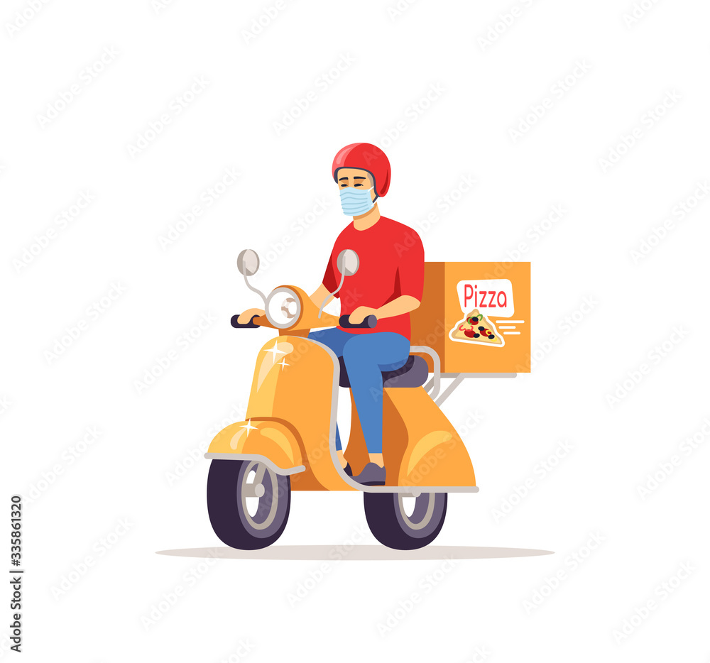 Delivery man in surgical mask semi flat RGB color vector illustration. Courier riding scooter isolated cartoon character on white background. Home food shipping service. Coronavirus pandemic Delivery man in surgical mask semi flat RGB color vector illustration. Courier riding scooter isolated cartoon character on white background. Home food shipping service. Coronavirus pandemic