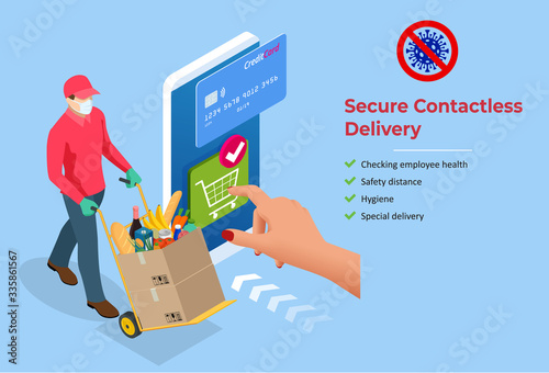 Isometric delivery man or courier in a medical mask and gloves delivering food to customer at home. Online purchases during a quarantine. Contactless or to the door delivery.