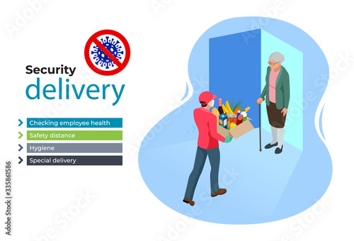 Isometric contactless deliveryman in a medical mask, gloves delivering food or products to the elderly and people with disabilities at home. Online purchases during a quarantine.