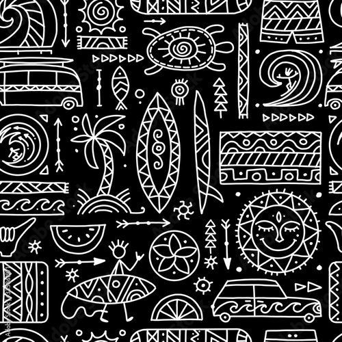 Surfing seamless pattern. Tribal elements for your design
