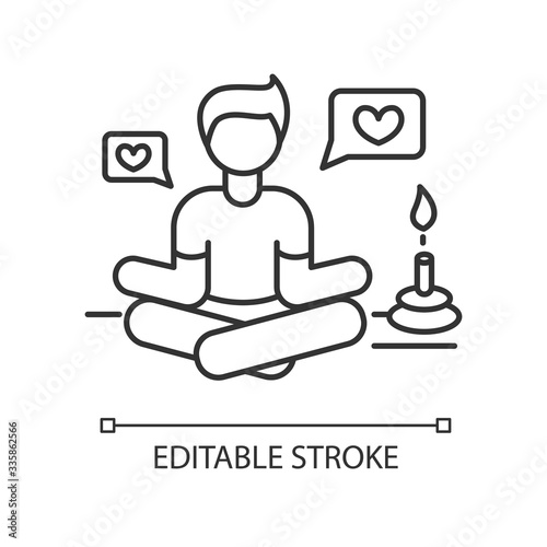 Lifestyle guru pixel perfect linear icon. Person in meditation pose getting likes. Stress relief. Thin line customizable illustration. Contour symbol. Vector isolated outline drawing. Editable stroke
