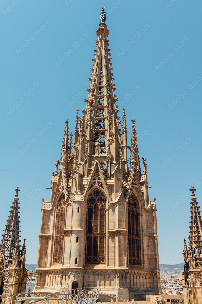 The Cathedral of the Holy cross and Saint Eulalia. The Cathedral was built in Gothic style from 13th to 15th century in the Gothic quarter of Barcelona