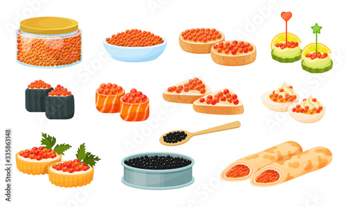 Caviar red and black, vector flat illustration isolated on white. Delicious caviare snack and canape, pancakes, roll and sandwich with roes, canned caviar. Seafood product of red fish and sturgeon.