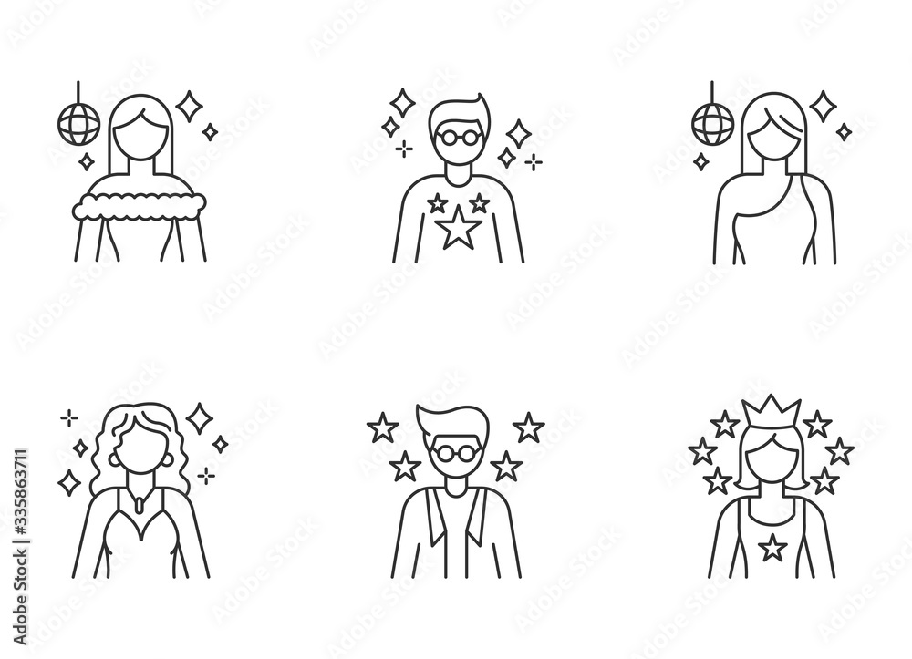 Popular celebrity pixel perfect linear icons set. Famous female and male actors. Talent show star. Customizable thin line contour symbols. Isolated vector outline illustrations. Editable stroke Popular celebrity pixel perfect linear icons set. Famous female and male actors. Talent show star. Customizable thin line contour symbols. Isolated vector outline illustrations. Editable stroke