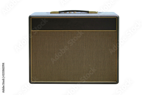 Isolated vintage amplifier with white background.