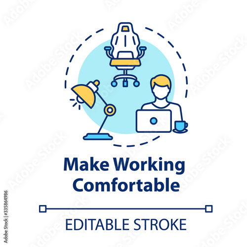 Make working comfortable concept icon. Workplace at home. Freelancer workspace. Desk for laptop. Quarantine idea thin line illustration. Vector isolated outline RGB color drawing. Editable stroke