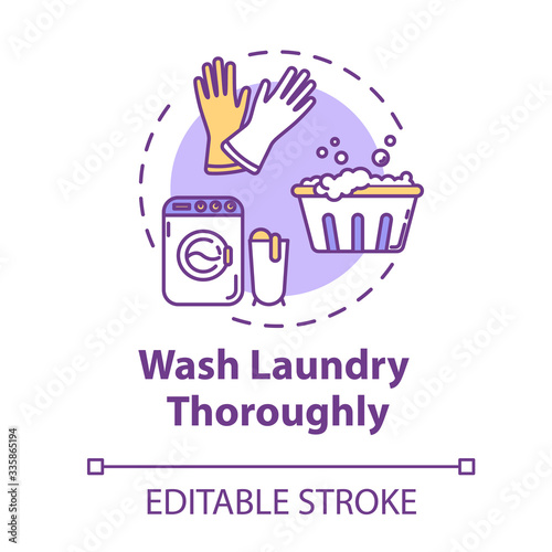 Wash laundry thoroughly concept icon. Clean clothes. Disinfection and sanitation for health care. Quarantine idea thin line illustration. Vector isolated outline RGB color drawing. Editable stroke