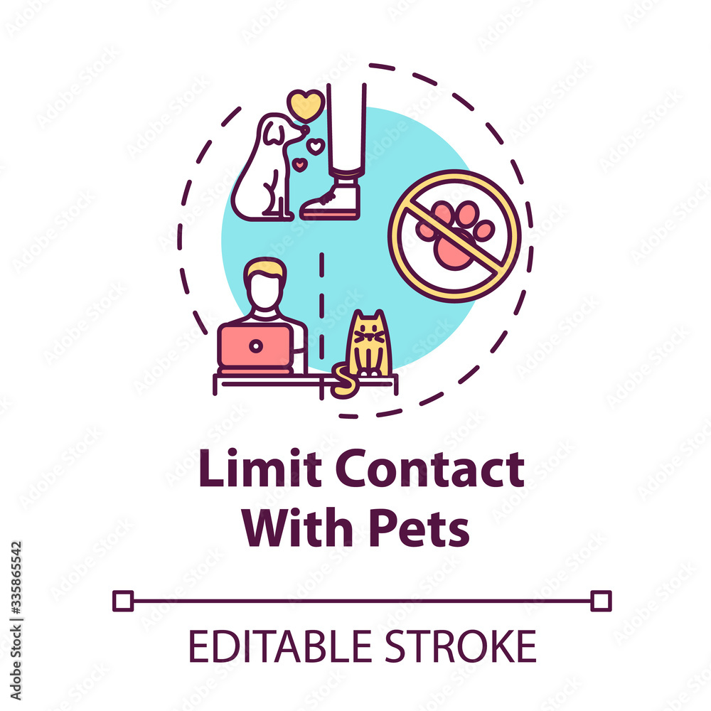 Limit contact with pets concept icon. Do not touch animals. Restrict time with dogs and cats. Quarantine idea thin line illustration. Vector isolated outline RGB color drawing. Editable stroke
