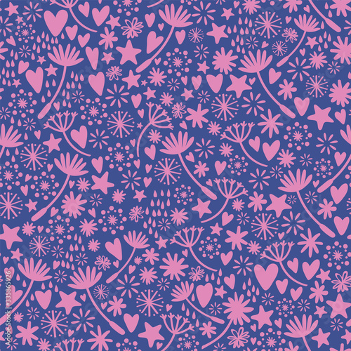 Pink and purple dandelion vector repeat with hearts. Perfect for wallpaper, kids, scrapbooking, stationary and homeware.