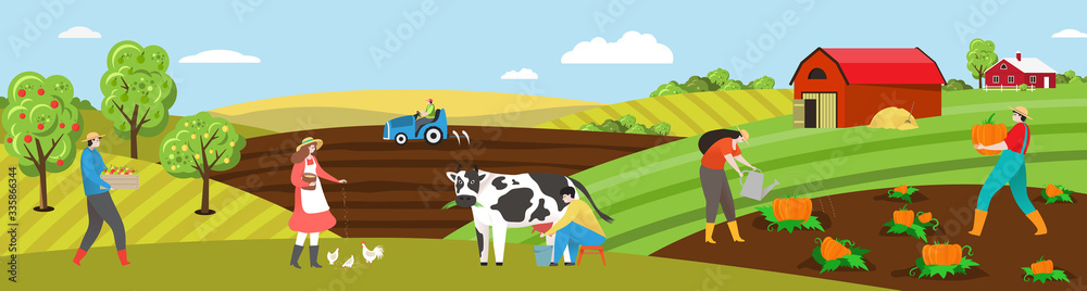 Farmer work on farm field vector illustration. Cartoon flat people working  on farmland countryside landscape, man woman characters milk cow, feed  chickens, plant vegetables. Agriculture background Stock Vector | Adobe  Stock