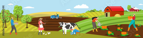 Farmer work on farm field vector illustration. Cartoon flat people working on farmland countryside landscape, man woman characters milk cow, feed chickens, plant vegetables. Agriculture background
