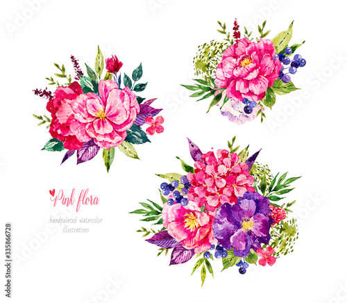 Watercolor botanical illustration. Vintage flower Sketch. Botanic. A bright blossom Bouquet of bright pink peony, pink hydrangea, violet flower and different green plants. © Katy's Dreams