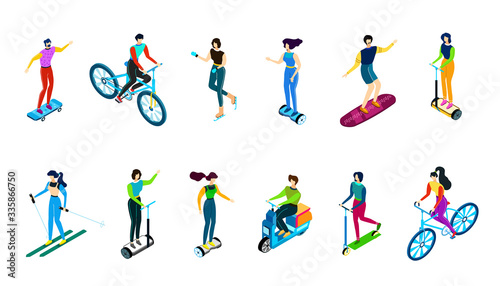 Isometric people riding bike, scooter, vehicles, vector illustration, flat style. Man and woman sportive characters, isolated on white, are skiing, skating, ride skateboard, segway and gyroscooter.