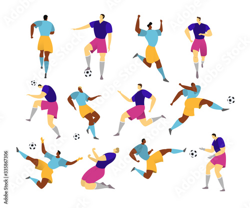 Football player, man play soccer, vector illustration, flat style. Man in uniform with soccer ball isolated on white, footballer, dribbler, attacker and scorer. Professional sport.