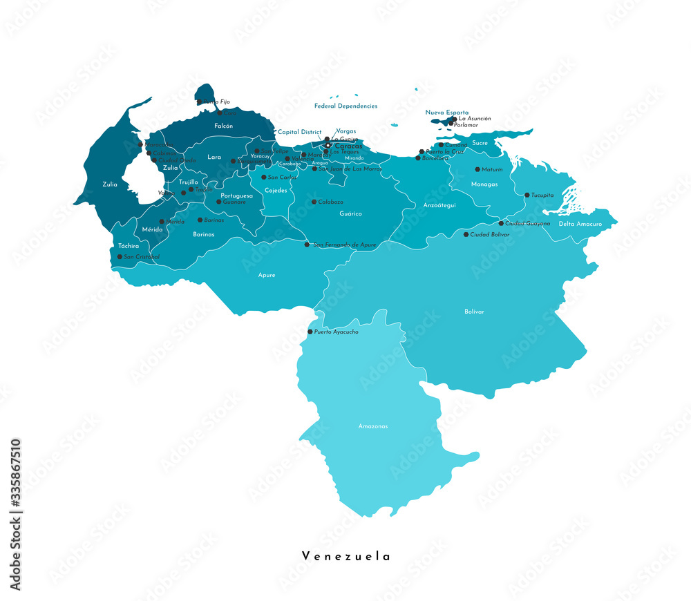 Vector isolated illustration. Simplified administrative map of Venezuela. Blue shapes, white background and outlines. Names of Venezuelan cities and states.