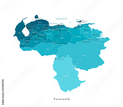 Vector isolated illustration. Simplified administrative map of Venezuela. Blue shapes  white background and outlines. Names of Venezuelan cities and states.