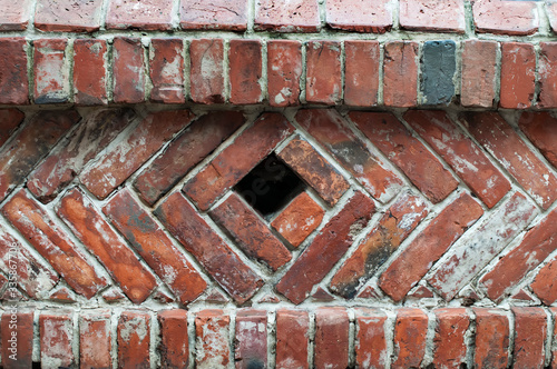 Old red brick wall in vintage style  brickwork background