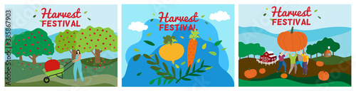 Agriculture harvest festival vector illustration. Cartoon woman man active character harvesting, working in apple autumn garden or farm field, tiny people holding pumpkin. Agricultural fest poster set