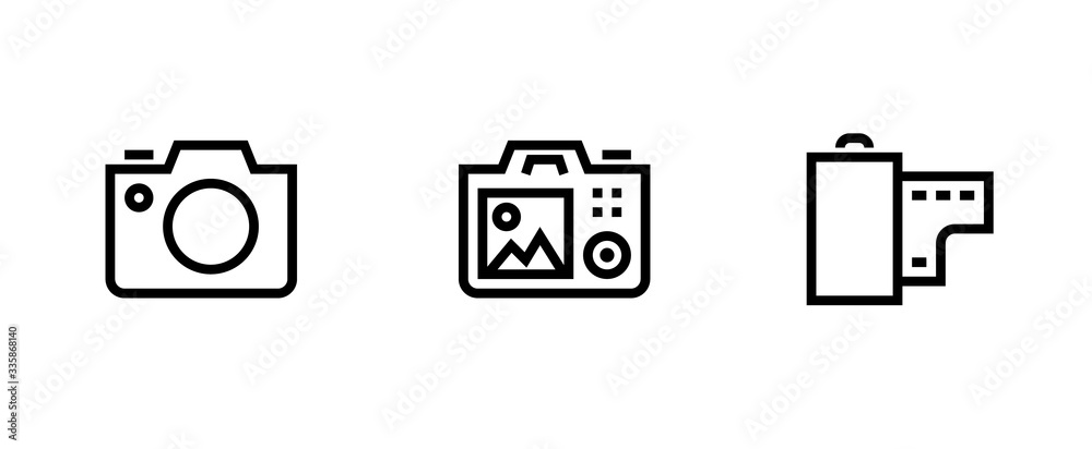 Set photo and video camera icon. SLR, Digital Pro and Film Roll symbol. Editable Line Vector. Set photo and video camera icon. SLR, Digital Pro and Film Roll symbol. Editable Line Vector.