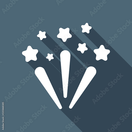 Fireworks with stars. Celebration icon. White flat icon with lon