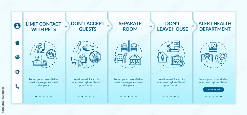 Self-isolation tips onboarding vector template. Staying home, contacts limit, guess accepting prohibition. Responsive mobile website with icons. Webpage walkthrough step screens. RGB color concept