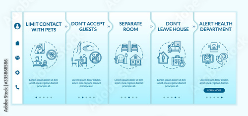 Self-isolation tips onboarding vector template. Staying home, contacts limit, guess accepting prohibition. Responsive mobile website with icons. Webpage walkthrough step screens. RGB color concept
