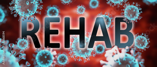 covid and rehab, pictured by word rehab and viruses to symbolize that rehab is related to corona pandemic and that epidemic affects rehab a lot, 3d illustration