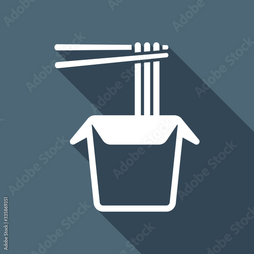 Noodle in box, asian food takeaway, wok icon. White flat icon wi