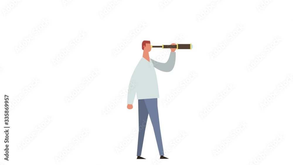 Flat Cartoon Stick Figure Color Man Character Walking with Spyglass Animation Flat Cartoon Stick Figure Color Man Character Walking with Spyglass Animation