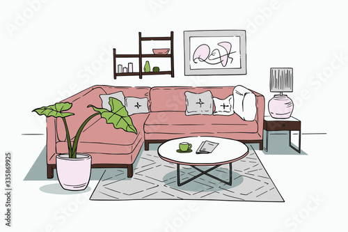 Pastel colors interior illustration of living room. Sofa with pillows, a painting on a wall, house plants in a pot, and a coffee table. 