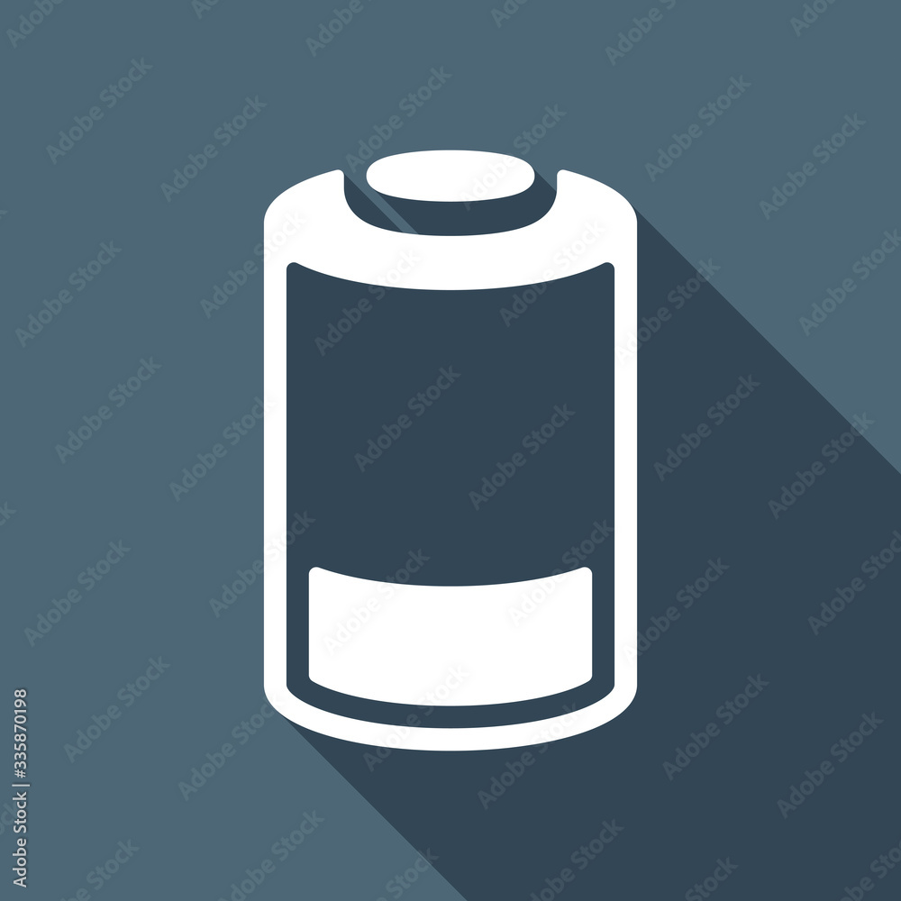 Low battery, technology icon. White flat icon with long shadow o Low battery, technology icon. White flat icon with long shadow o